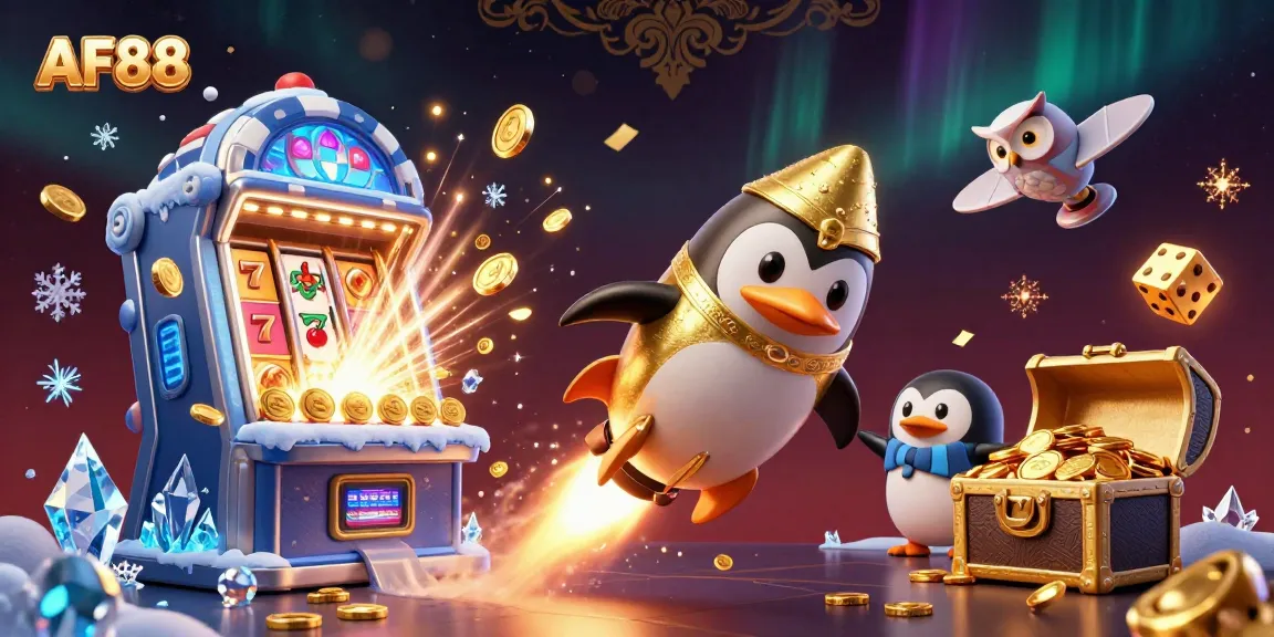 Experience AF88 with a gold penguin flying through a vibrant casino universe filled with jackpots.