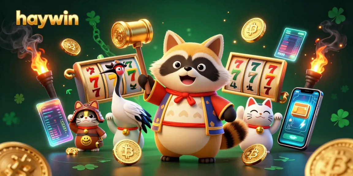 Experience the thrilling games at haywin with a cheerful tanuki and vibrant casino elements.