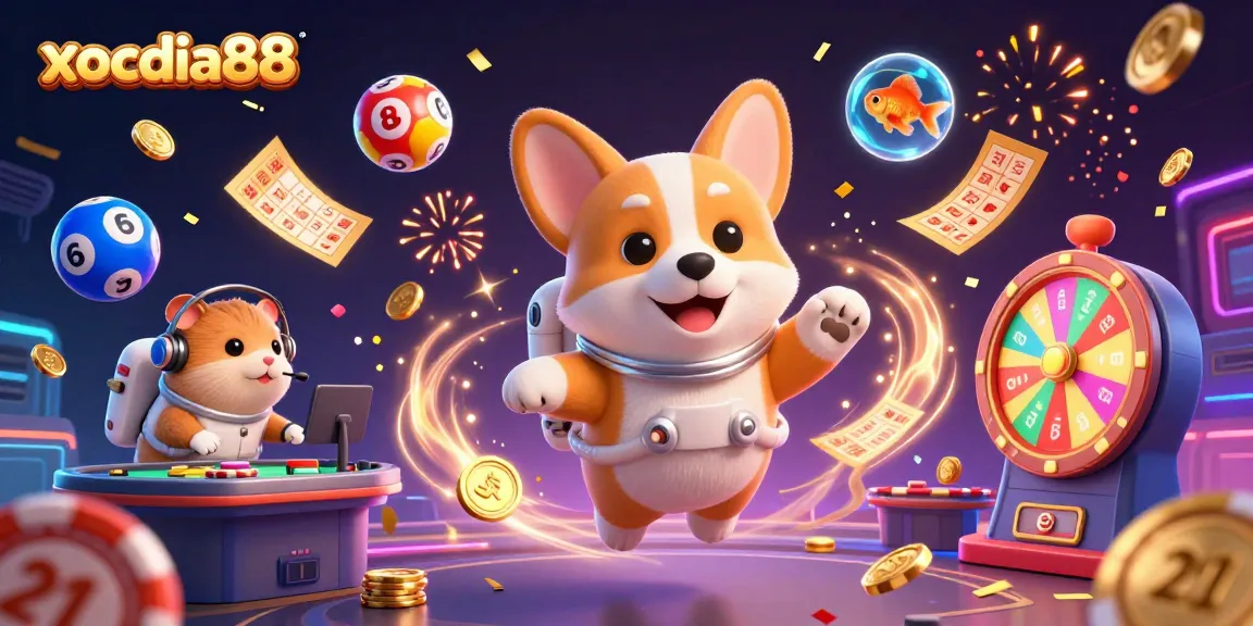 Experience thrilling gaming moments at xocdia88 as a corgi astronaut explores a space casino surrounded by lively elements.