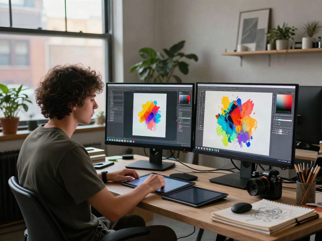Create a NSFW AI art piece in a stylish urban loft studio with dual monitors and creative supplies.