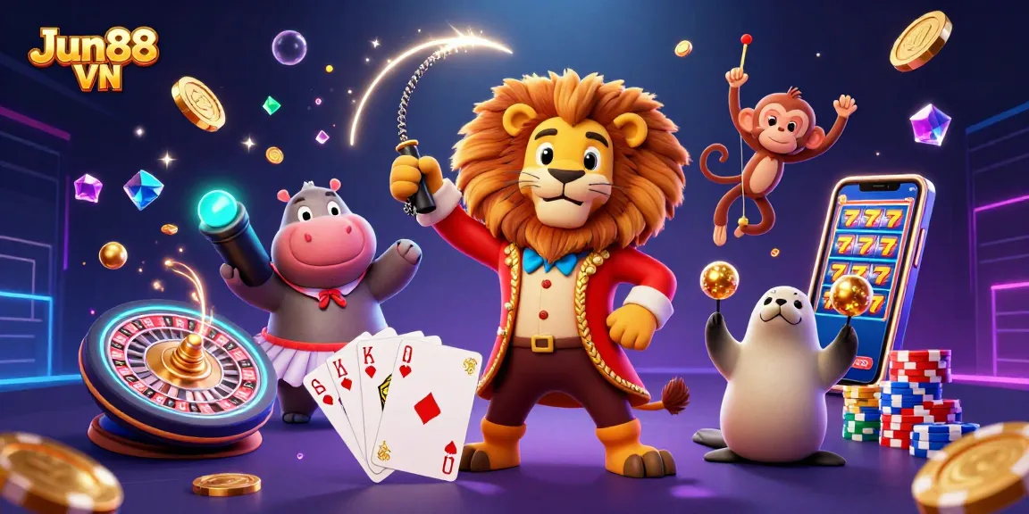 Engage in thrilling gaming action with Jun88 VN's captivating 3D casino illustration showcasing a vibrant online experience.