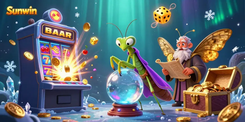 Experience thrilling gameplay at Sunwin with a vibrant 3D illustration showcasing dynamic casino elements and characters.