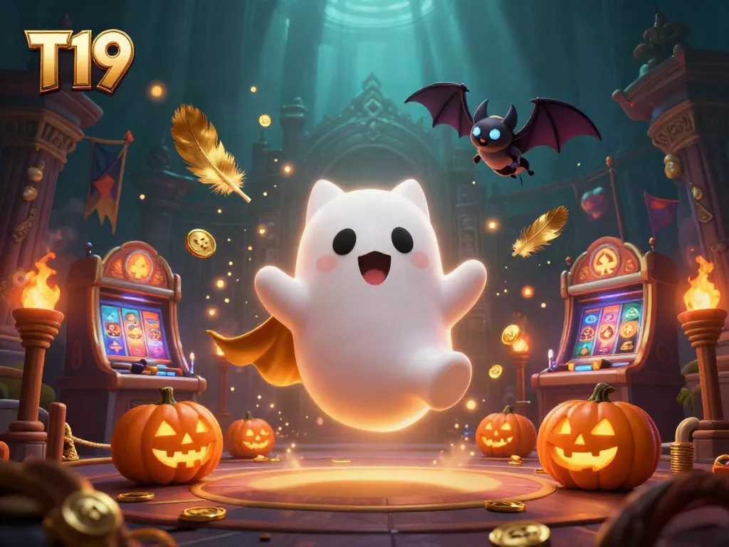 Join T19's thrilling adventures in a haunted casino with a ghost cat and bat, experiencing dynamic gambling action.