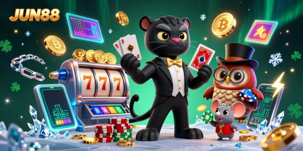 Engage in thrilling gameplay at JUN88 with a stylish dealer and charming characters in a vibrant casino scene