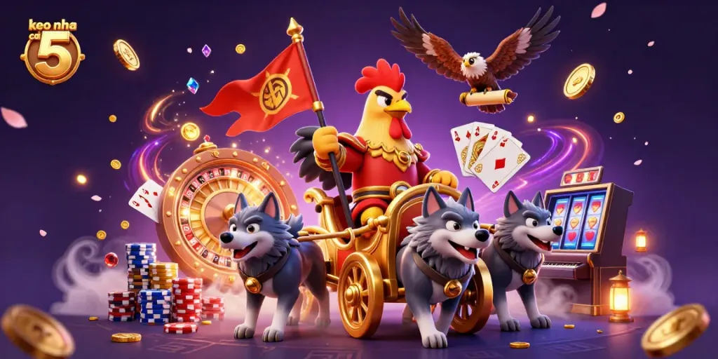 Experience the thrill of keo nha cai 5 with a 3D rooster warlord on a golden chariot amidst cascading coins and poker chips.