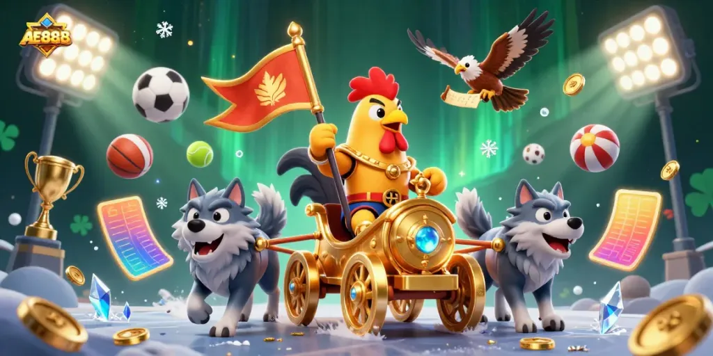 Experience the thrill of AE888 casino with a thrilling 3D scene depicting a golden war chariot and dynamic sports elements.