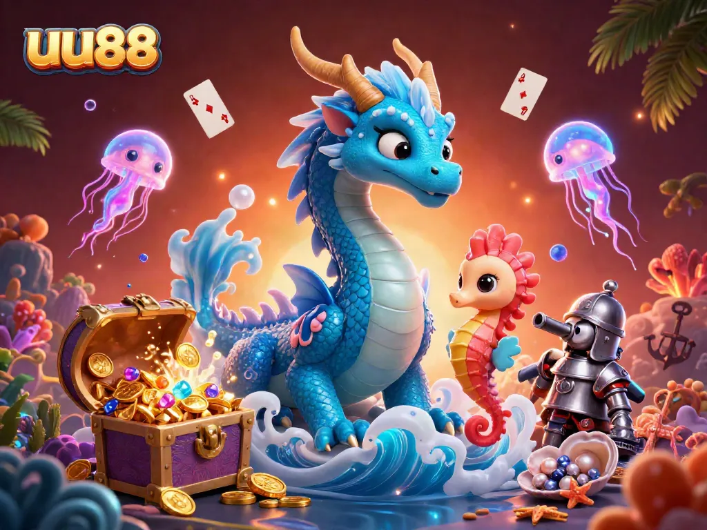 Experience the adventure of uu88 with an azure dragon and coral knight amidst treasures and dynamic gameplay.