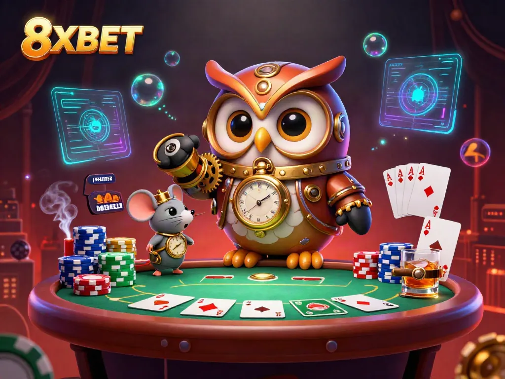 Experience the excitement of gaming with a vibrant illustration featuring 8XBET, a blend of casino and steampunk elements.