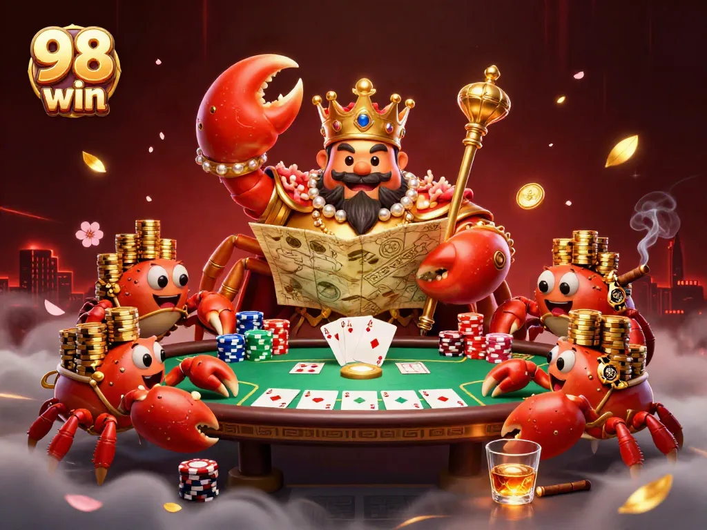 Experience the excitement of winning at 98 win with a vibrant 3D casino scene featuring a golden crab emperor and poker elements.