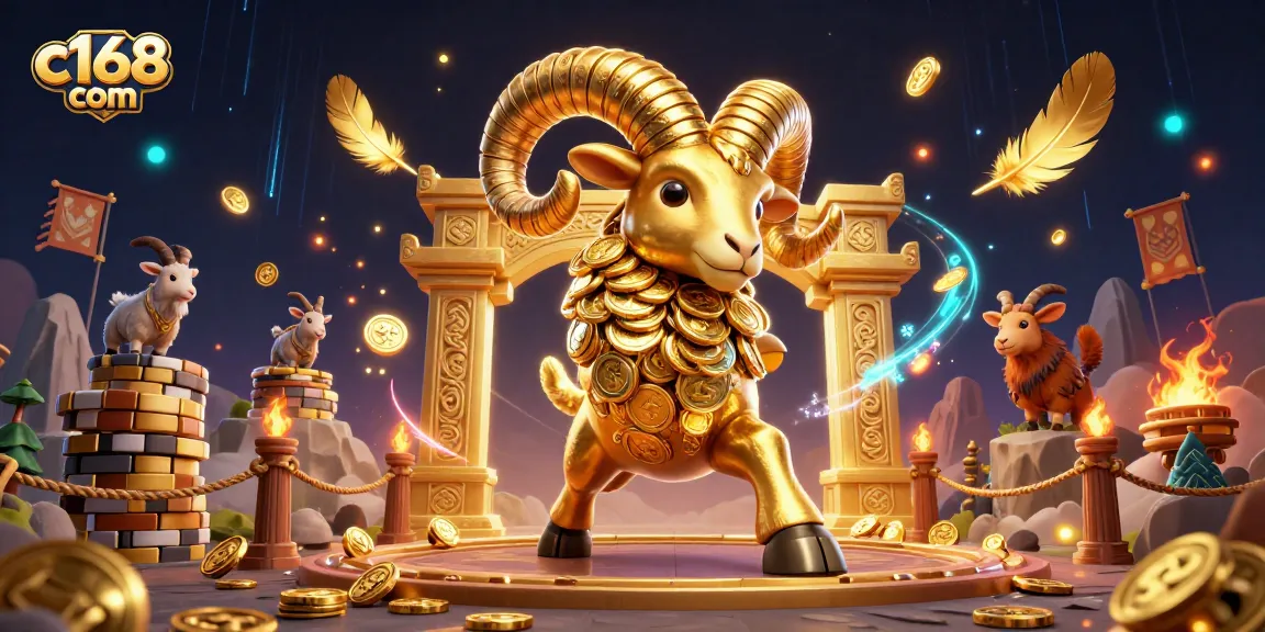 Win big with C168 com as a golden ram charges through a vibrant casino scene.