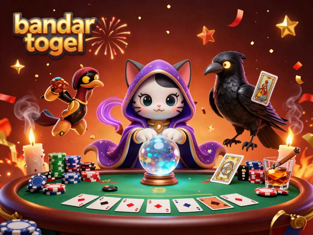Engage in bandar togel with a mystical cat and raven in a vibrant casino scene.