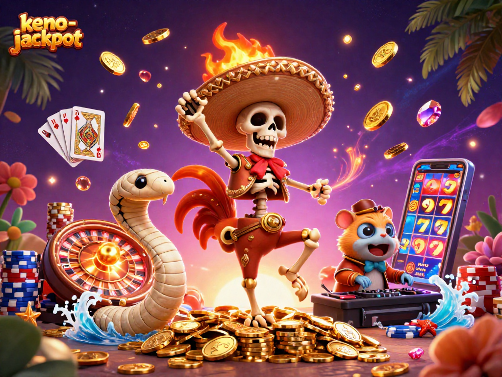 Experience the excitement of keno-jackpot with dynamic characters celebrating among golden coins.