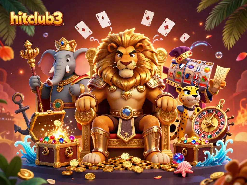 Engage with hitclub3's thrilling gaming scene featuring a regal lion king and playful characters!
