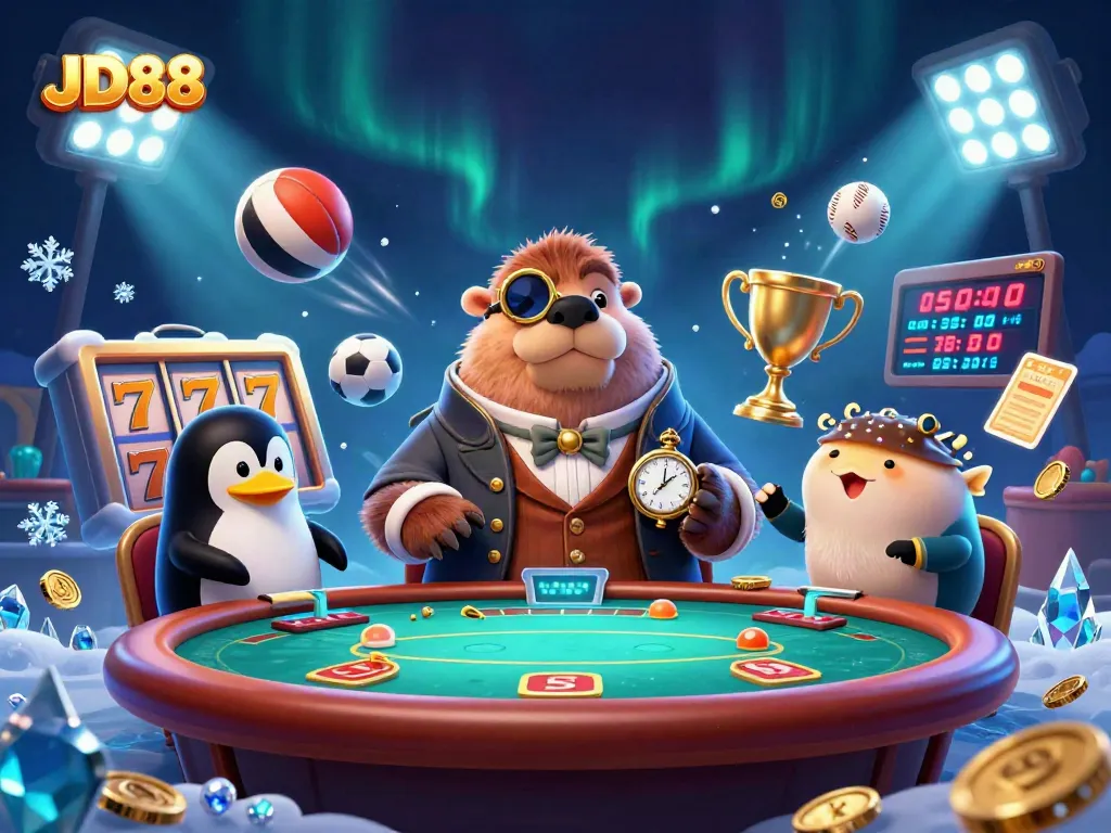 Experience thrilling poker action at JD88 with a walrus, penguin dealer, and pufferfish player.
