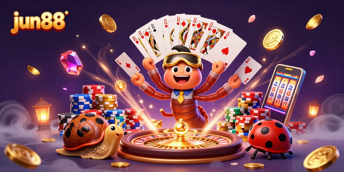 Experience the thrill of jun88 with a dynamic casino scene featuring colorful characters and vibrant gambling elements.