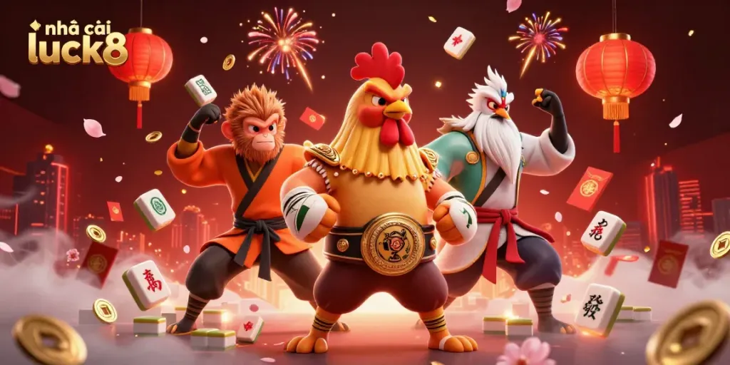 Engage with intense action at Nhà cái luck8 featuring a dynamic scene with Muay Thai rooster and crane master amidst vibrant casino elements.