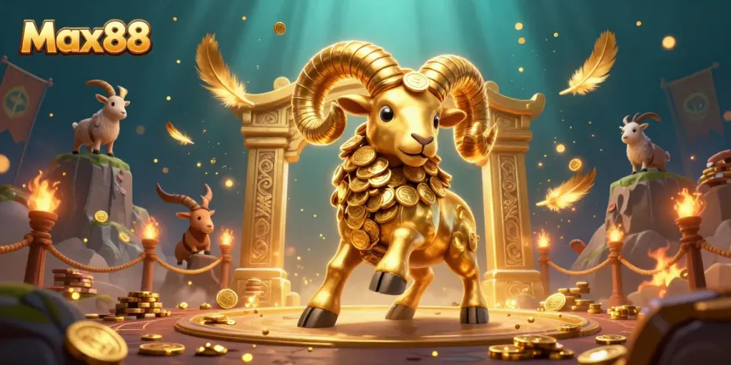 Experience the thrill of gaming at Max88 with a golden ram charging through a wealth of coins.