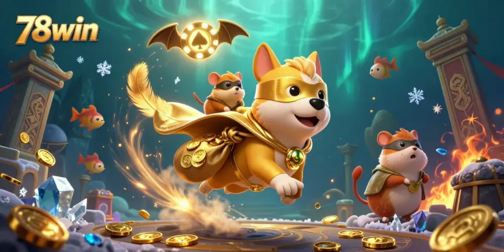 Engage with the excitement of 78win as the superhero dog and hamster conquer an underwater casino scene.