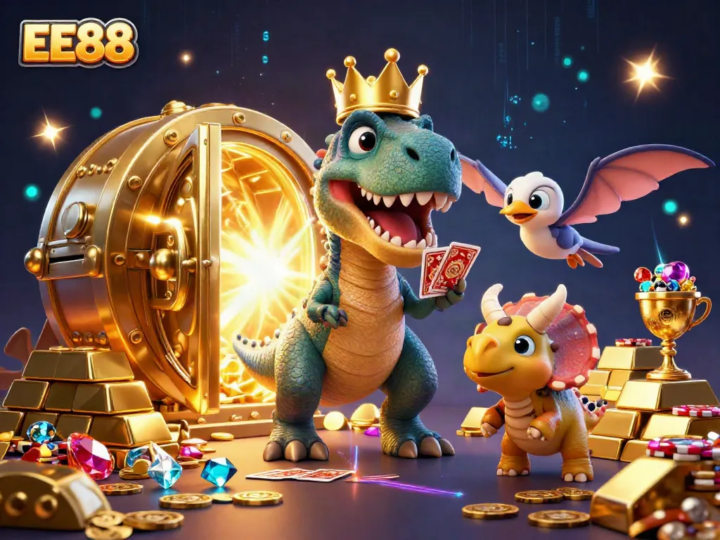 Experience thrilling wins at EE88 with vibrant 3D characters in a dynamic casino scene.