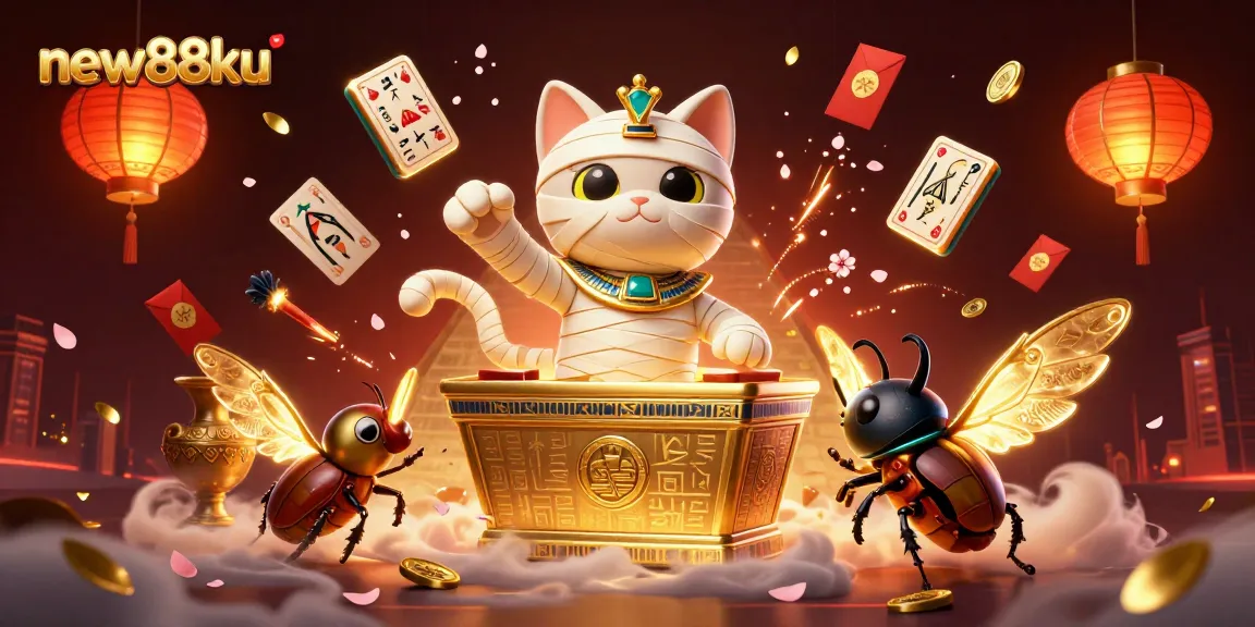 Experience new88ku's thrilling casino vibes with a mummy cat, golden treasures, and festive elements.