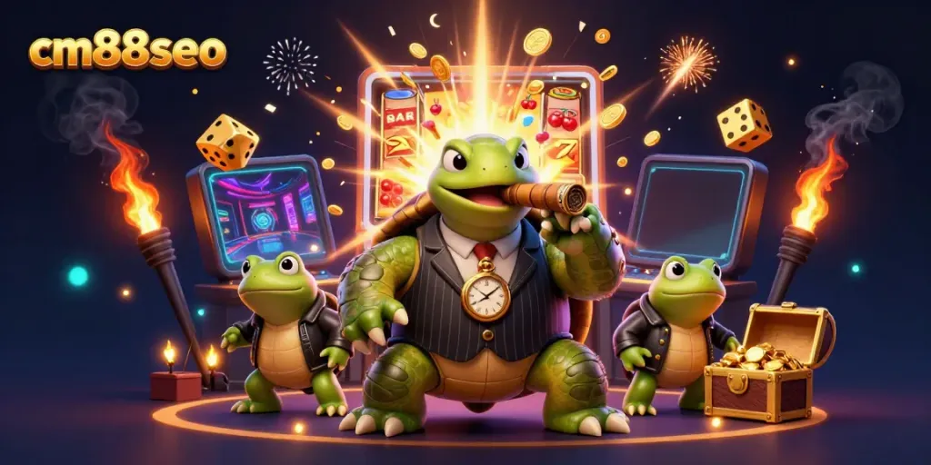 Experience the thrilling cm88seo gaming scene with a cartoon turtle and bullfrogs amidst a slot machine explosion.