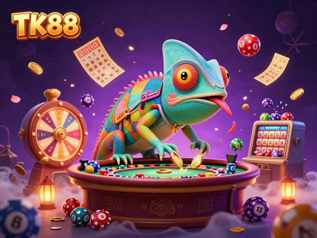 Experience the thrill of TK88 casino games with a vibrant scene featuring dynamic lottery elements and a colorful chameleon.