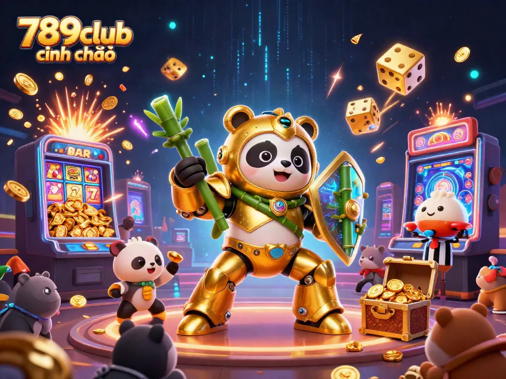 Experience the thrill of 789club chính chủ with a dynamic 3D illustration featuring exciting slot elements and a golden panda pilot.