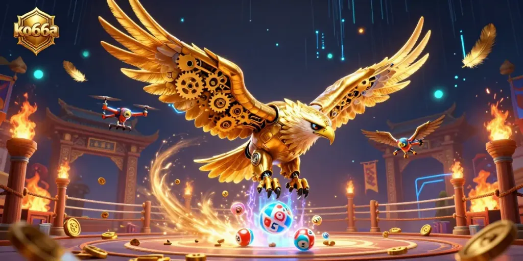 Engage with stunning gambling experiences at ko66a showcasing a cybernetic eagle amidst vibrant games.
