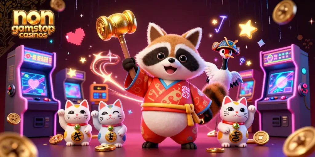 Experience non gamstop casinos with a cheerful tanuki and friends in a vibrant casino-themed illustration.