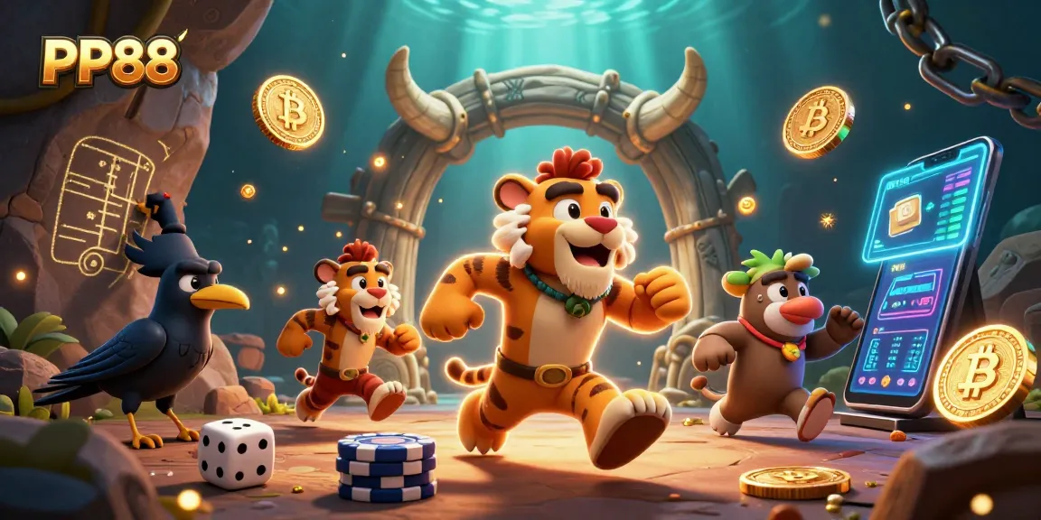 Engage with PP88 in a vibrant 3D casino scene featuring action-packed gaming elements and unique characters.
