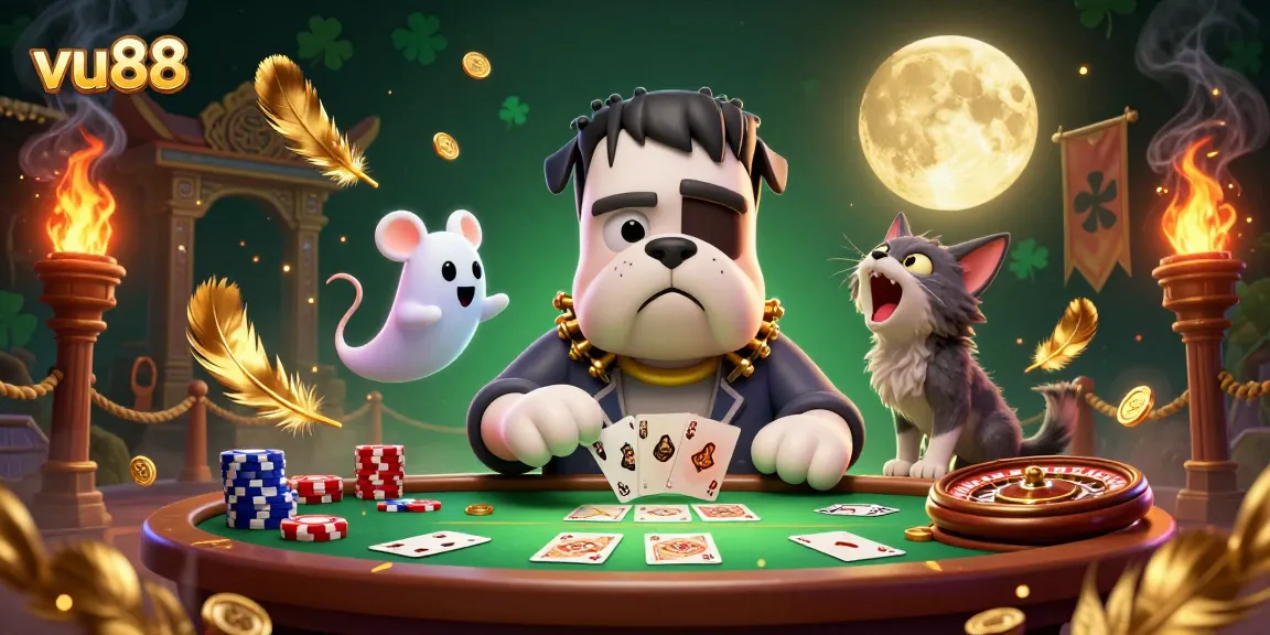 Vu88 offers thrilling moments with a Frankenstein bulldog dealer, poker chips, and a lively casino atmosphere.