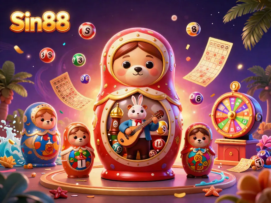 Sin88 showcases a vibrant 3D scene filled with lively characters and casino elements, creating an energetic gambling atmosphere.
