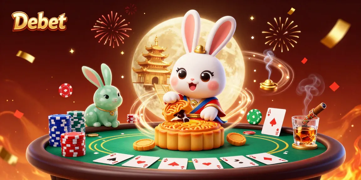Experience the thrill of Debet with a cartoon moon rabbit at a poker table surrounded by vibrant elements.