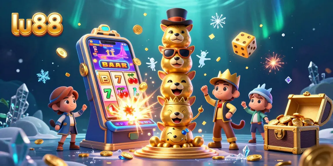 Spin thrilling jackpots at lu88 with vibrant 3D illustrations of slot games and casino accessories.