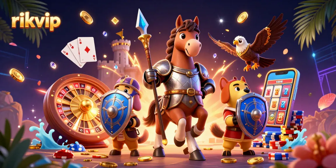 Experience the thrill of rikvip gaming with a dynamic scene featuring medieval characters and rich casino elements.