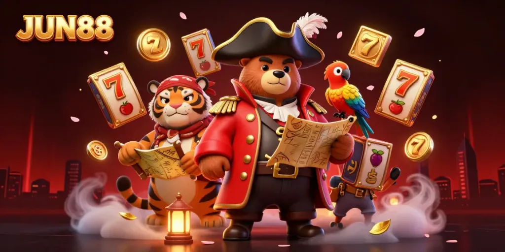 Engage in thrilling gameplay at JUN88 Casino with vibrant slot machines, jackpot elements, and energized characters.
