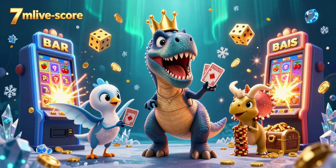 Experience jackpot thrills with 7mlive-score as T-Rex and friends shuffle cards in a vibrant casino scene.