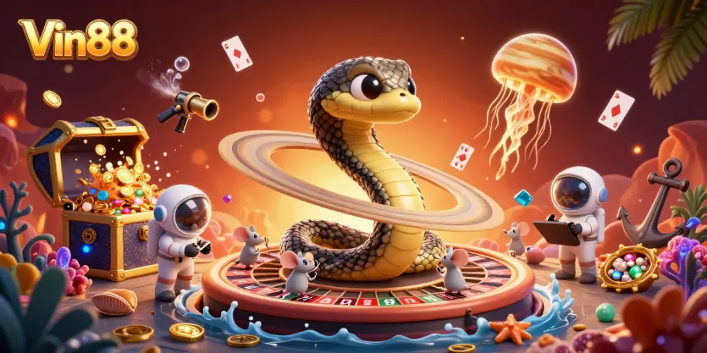 Engage in thrilling betting with Vin88's cosmic casino scene, featuring a roulette wheel and playful astronauts.