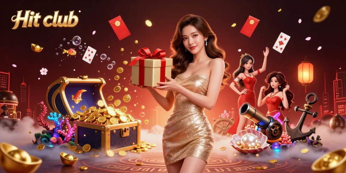 Experience the excitement at Hit club with a festive casino atmosphere filled with gold coins and vibrant elements.