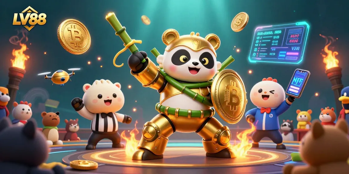 Engage with LV88 in a vibrant casino scene featuring a golden panda and crypto elements.