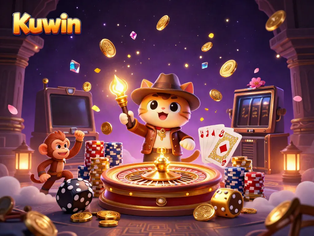 Kuwin's exciting gaming atmosphere depicted with an explorer cat, golden artifacts, and vibrant casino elements.