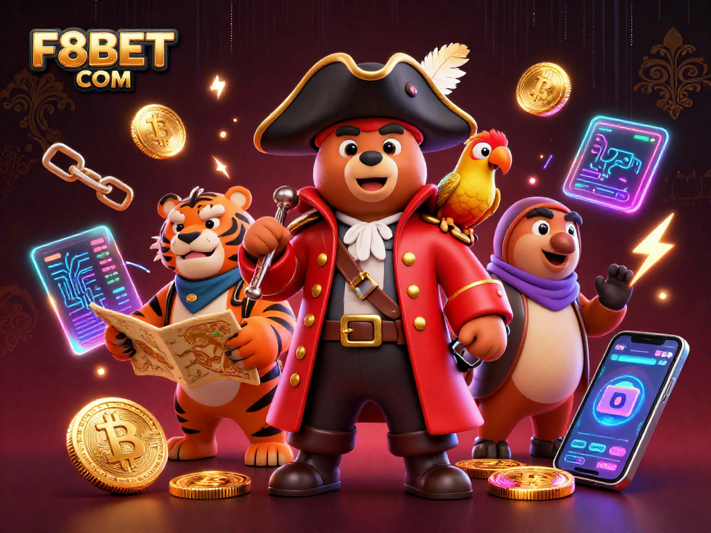 Engage with F8BET COM's vibrant casino world featuring cartoon pirate characters and dynamic gaming elements.