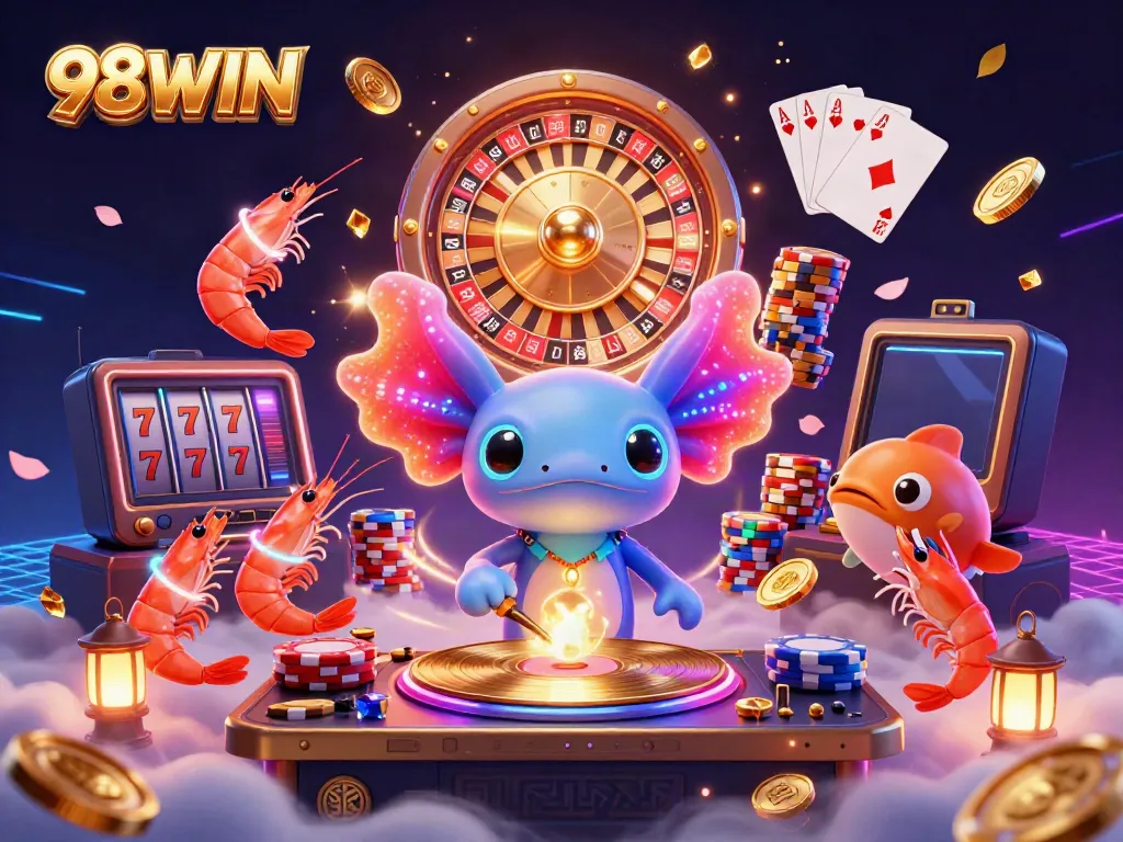 Experience thrilling gameplay with 98WIN's vibrant casino scene featuring an energetic axolotl DJ and dancing sea creatures.
