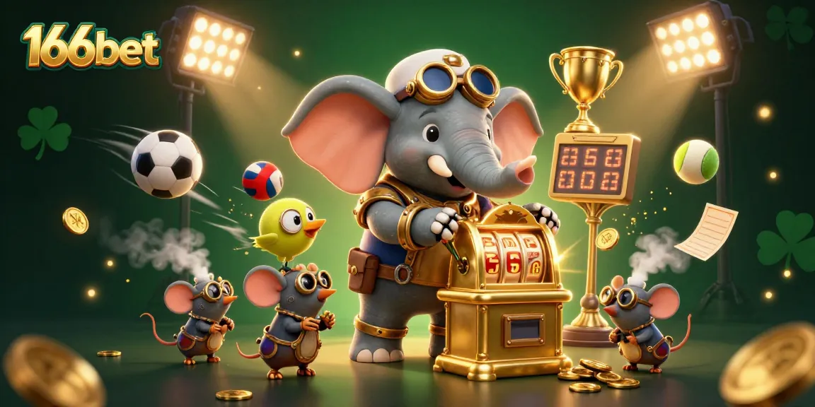 Win big with 166bet in an exciting steampunk casino scene featuring dynamic sports elements.