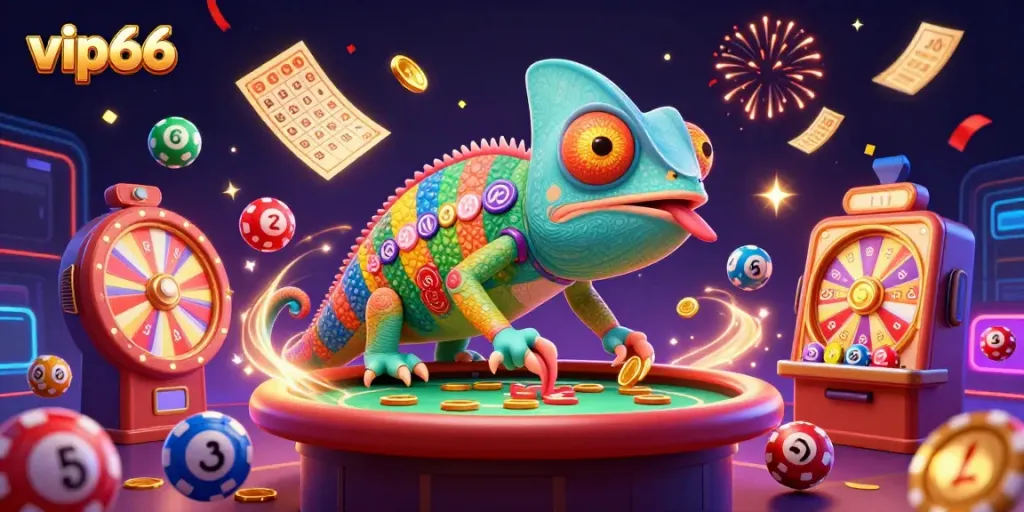 Engage in exciting gaming experiences with vip66's vibrant casino atmosphere, spotlighting a chameleon owner and dynamic game elements.