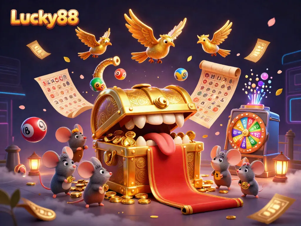 Experience the excitement of Lucky88 with a vibrant casino illustration featuring treasure chests and lottery elements.