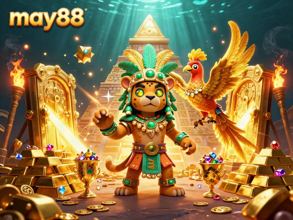 Engage in thrilling games at may88 with immersive 3D scenes featuring vibrant jewels and iconic Mayan elements.