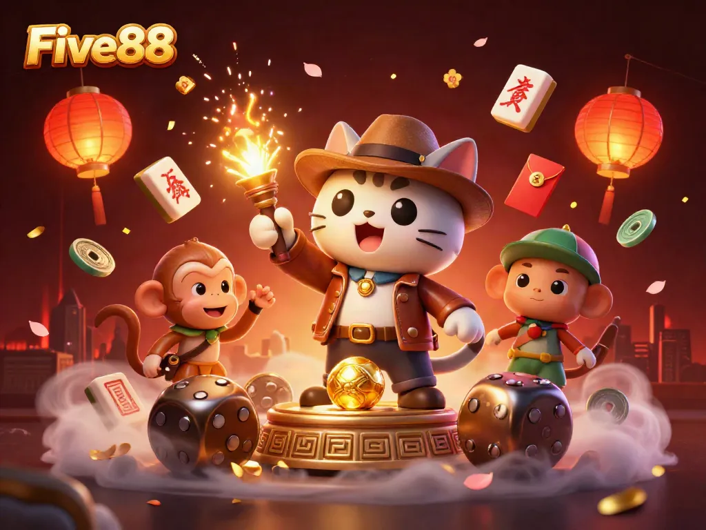 Experience the thrill of Five88 with an adventurous cat discovering golden treasures in a casino-themed temple.