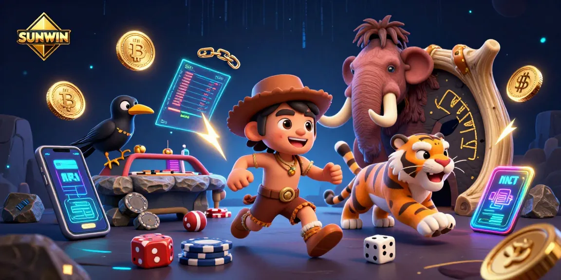 SUNWIN showcases a vibrant prehistoric casino with a caveman, tiger, and crow emphasizing exciting gaming.