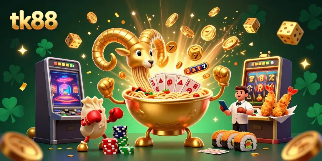 Experience the excitement of tk88's casino games with a vibrant illustration featuring playful characters and vibrant gaming elements.